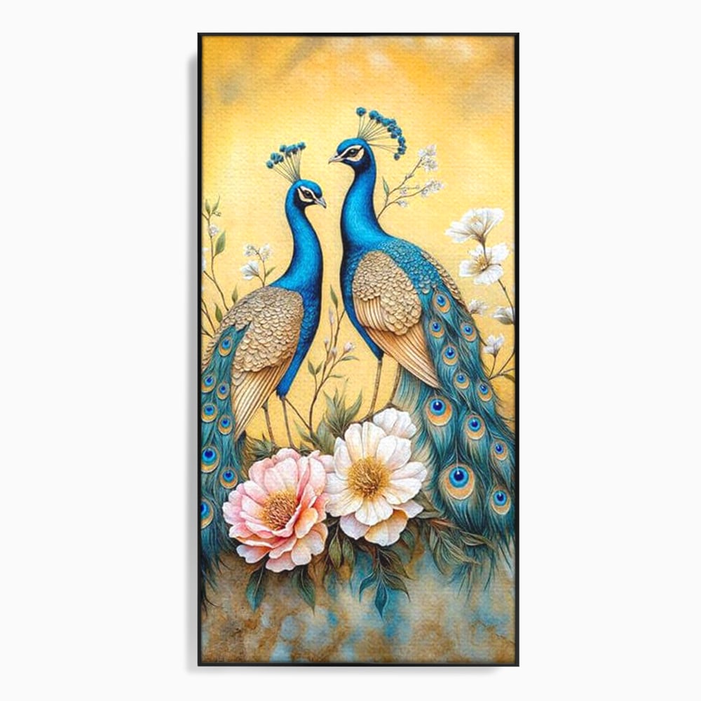 Tablou Canvas Premium, LuxCanva® M1072, Matase Regala, Pereche, Pauni, Pasari, Penaj, Coada, Eleganta, Auriu, Delicatete, Flori, Natura, Birou, Living, Camera Copil