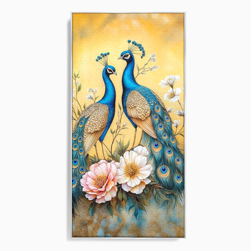 Tablou Canvas Premium, LuxCanva® M1072, Matase Regala, Pereche, Pauni, Pasari, Penaj, Coada, Eleganta, Auriu, Delicatete, Flori, Natura, Birou, Living, Camera Copil