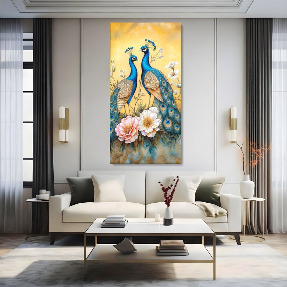 Tablou Canvas Premium, LuxCanva® M1072, Matase Regala, Pereche, Pauni, Pasari, Penaj, Coada, Eleganta, Auriu, Delicatete, Flori, Natura, Birou, Living, Camera Copil