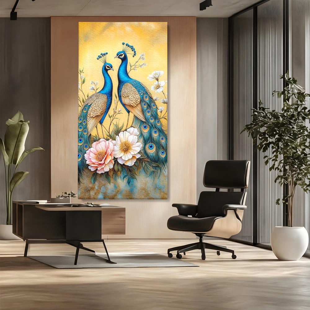 Tablou Canvas Premium, LuxCanva® M1072, Matase Regala, Pereche, Pauni, Pasari, Penaj, Coada, Eleganta, Auriu, Delicatete, Flori, Natura, Birou, Living, Camera Copil