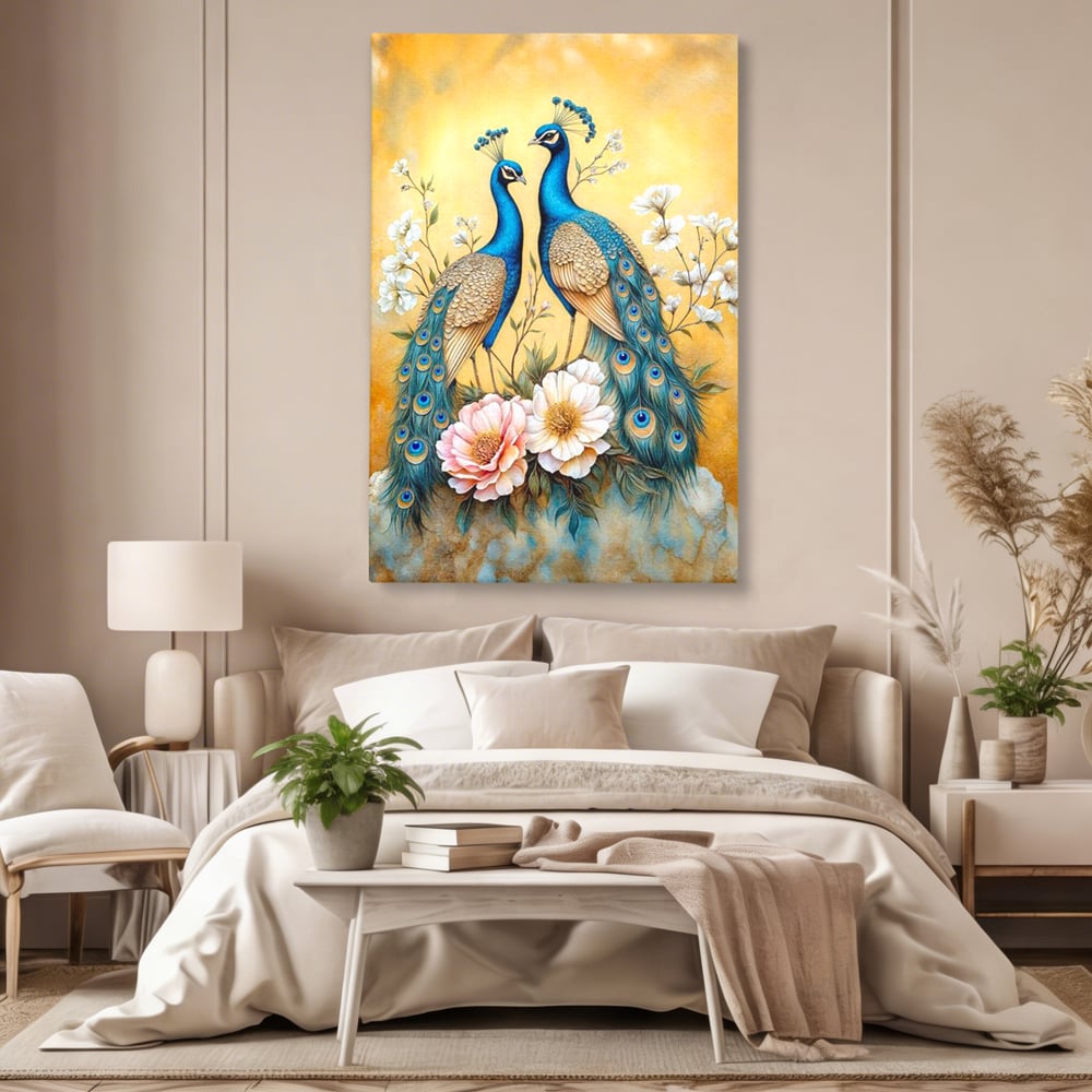 Tablou Canvas Premium, LuxCanva® M1072, Matase Regala, Pereche, Pauni, Pasari, Penaj, Coada, Eleganta, Auriu, Delicatete, Flori, Natura, Birou, Living, Camera Copil