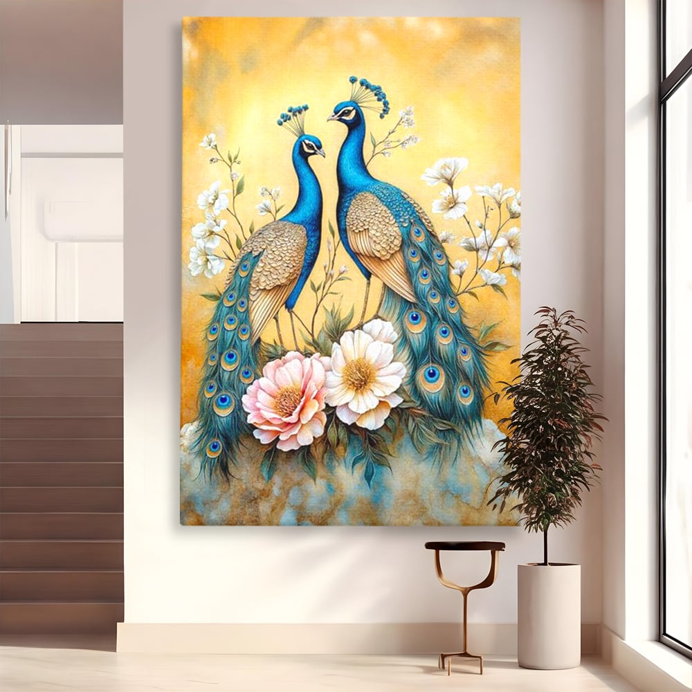 Tablou Canvas Premium, LuxCanva® M1072, Matase Regala, Pereche, Pauni, Pasari, Penaj, Coada, Eleganta, Auriu, Delicatete, Flori, Natura, Birou, Living, Camera Copil