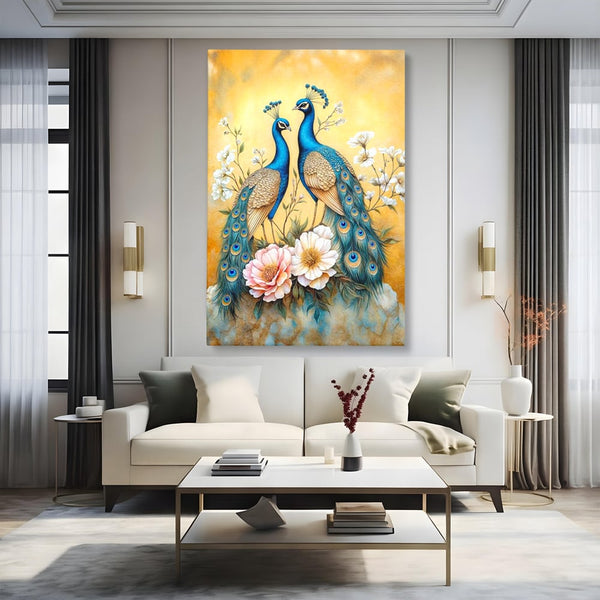 Tablou Canvas Premium, LuxCanva® M1072, Matase Regala, Pereche, Pauni, Pasari, Penaj, Coada, Eleganta, Auriu, Delicatete, Flori, Natura, Birou, Living, Camera Copil