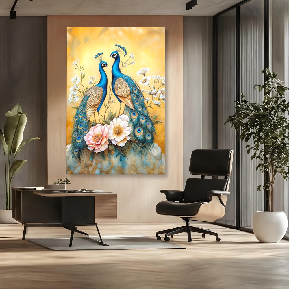 Tablou Canvas Premium, LuxCanva® M1072, Matase Regala, Pereche, Pauni, Pasari, Penaj, Coada, Eleganta, Auriu, Delicatete, Flori, Natura, Birou, Living, Camera Copil