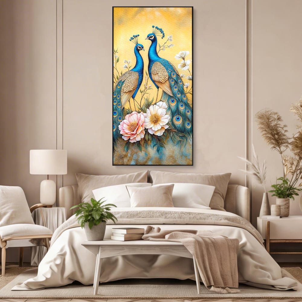 Tablou Canvas Premium, LuxCanva® M1072, Matase Regala, Pereche, Pauni, Pasari, Penaj, Coada, Eleganta, Auriu, Delicatete, Flori, Natura, Birou, Living, Camera Copil