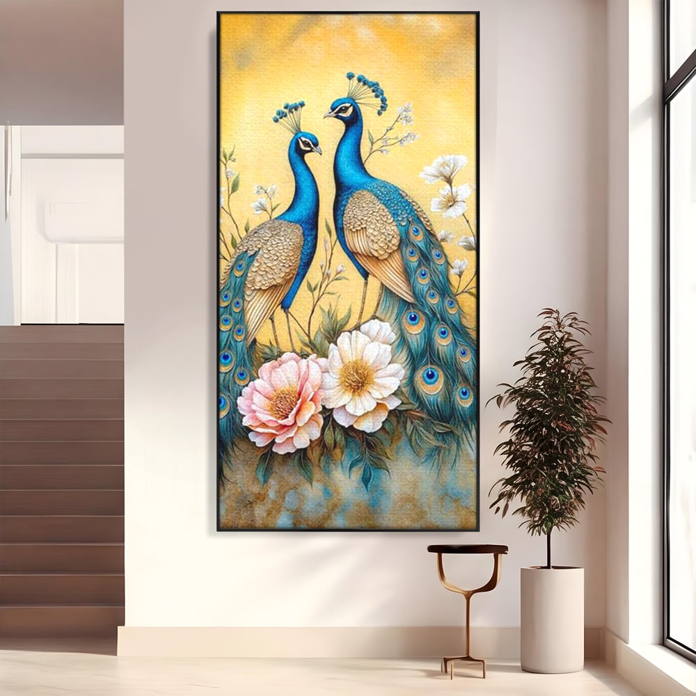 Tablou Canvas Premium, LuxCanva® M1072, Matase Regala, Pereche, Pauni, Pasari, Penaj, Coada, Eleganta, Auriu, Delicatete, Flori, Natura, Birou, Living, Camera Copil