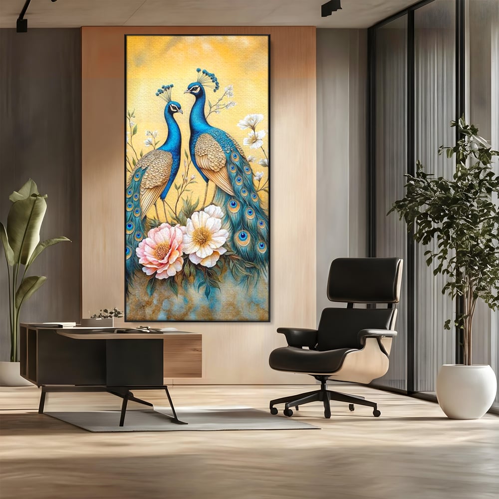 Tablou Canvas Premium, LuxCanva® M1072, Matase Regala, Pereche, Pauni, Pasari, Penaj, Coada, Eleganta, Auriu, Delicatete, Flori, Natura, Birou, Living, Camera Copil