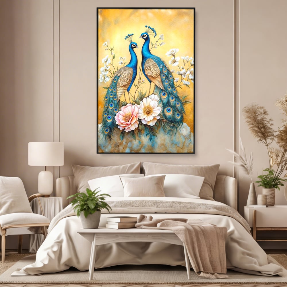 Tablou Canvas Premium, LuxCanva® M1072, Matase Regala, Pereche, Pauni, Pasari, Penaj, Coada, Eleganta, Auriu, Delicatete, Flori, Natura, Birou, Living, Camera Copil