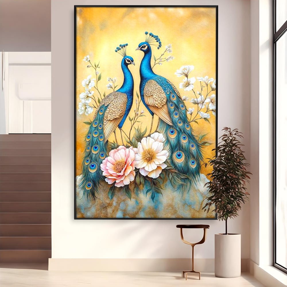 Tablou Canvas Premium, LuxCanva® M1072, Matase Regala, Pereche, Pauni, Pasari, Penaj, Coada, Eleganta, Auriu, Delicatete, Flori, Natura, Birou, Living, Camera Copil
