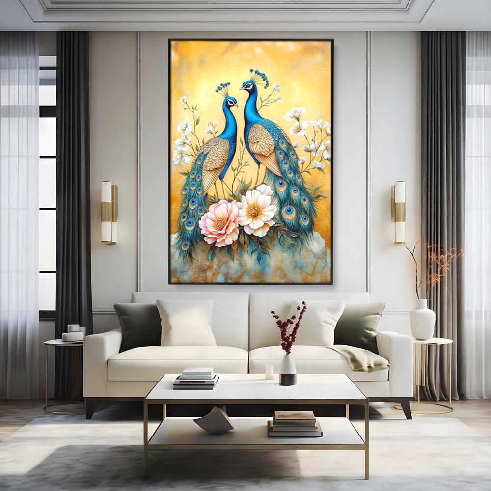 Tablou Canvas Premium, LuxCanva® M1072, Matase Regala, Pereche, Pauni, Pasari, Penaj, Coada, Eleganta, Auriu, Delicatete, Flori, Natura, Birou, Living, Camera Copil