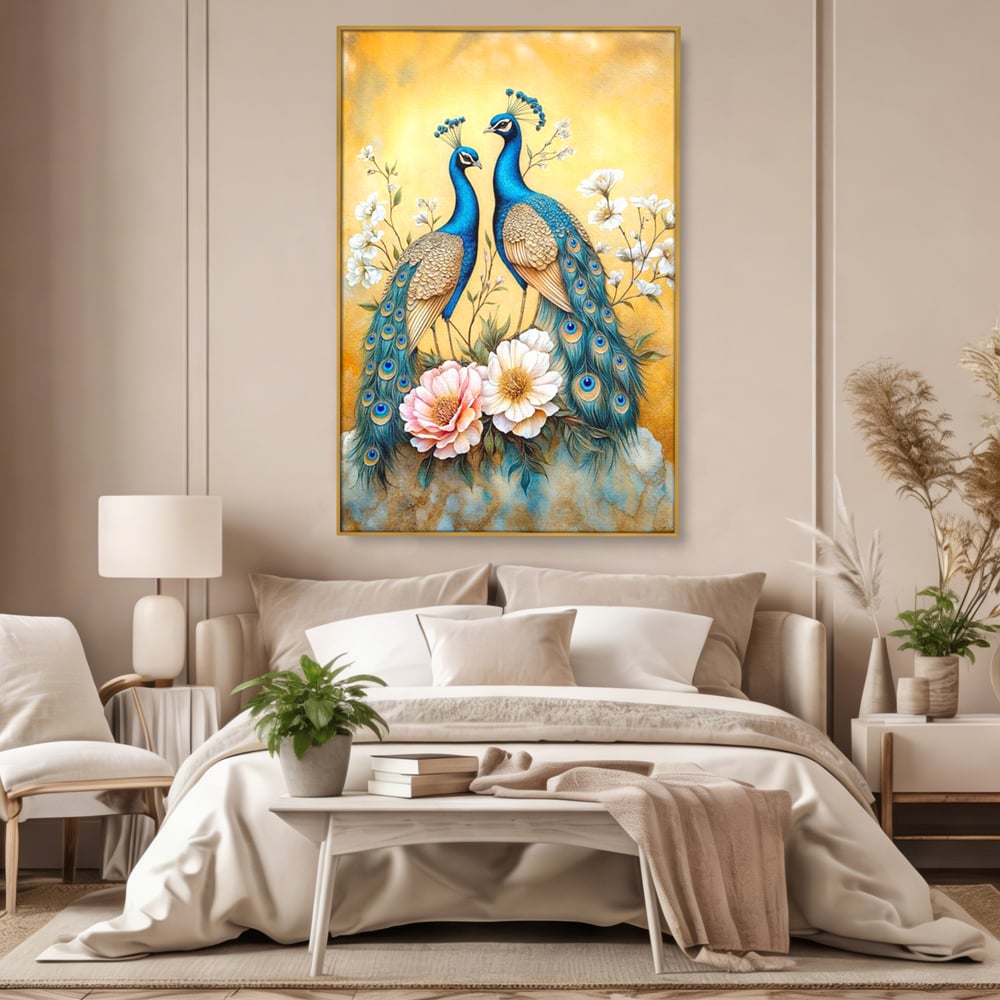 Tablou Canvas Premium, LuxCanva® M1072, Matase Regala, Pereche, Pauni, Pasari, Penaj, Coada, Eleganta, Auriu, Delicatete, Flori, Natura, Birou, Living, Camera Copil