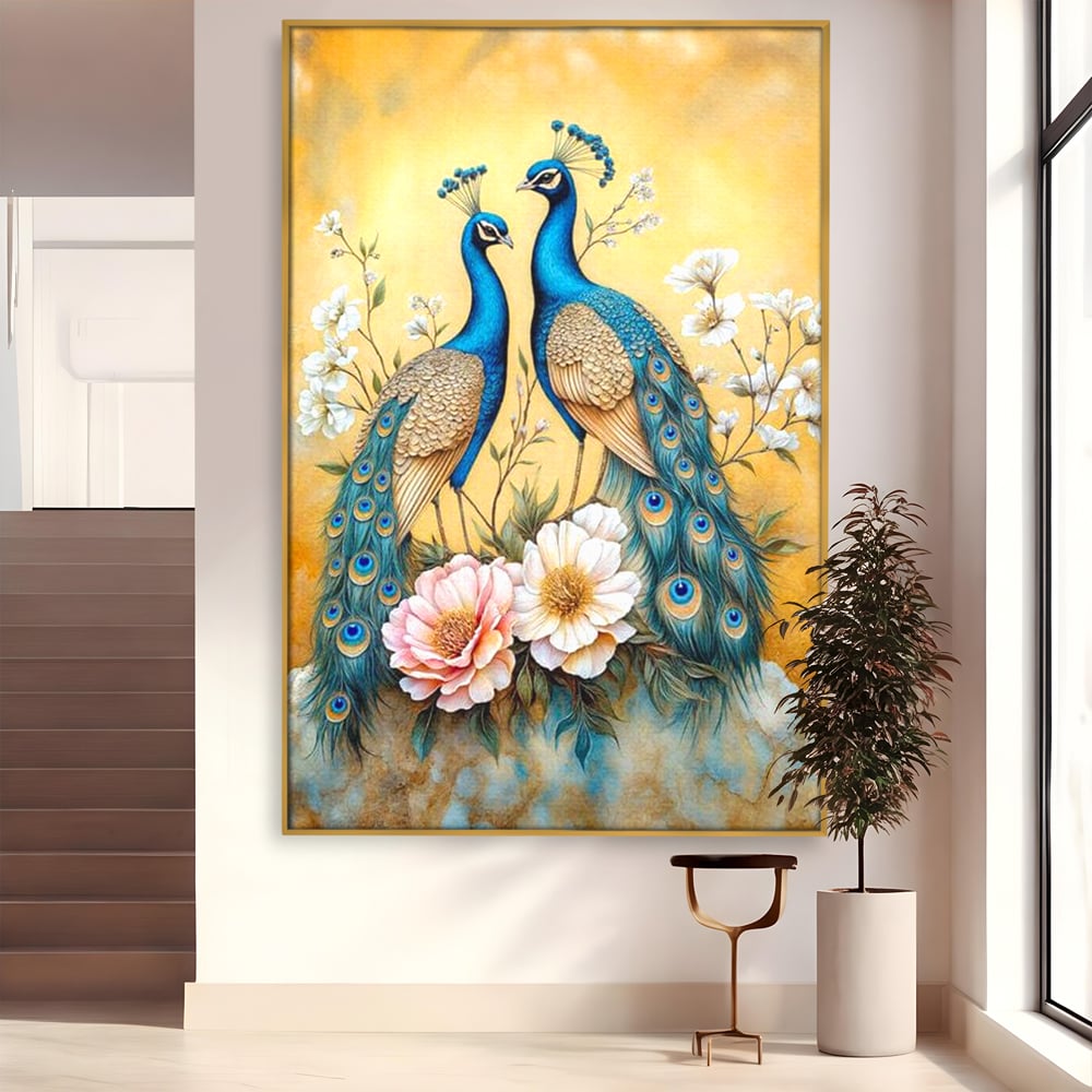 Tablou Canvas Premium, LuxCanva® M1072, Matase Regala, Pereche, Pauni, Pasari, Penaj, Coada, Eleganta, Auriu, Delicatete, Flori, Natura, Birou, Living, Camera Copil