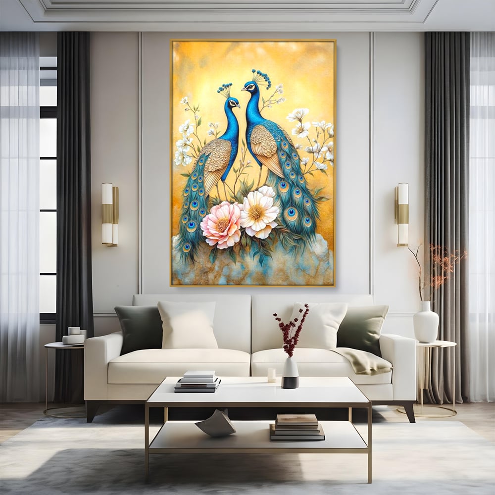 Tablou Canvas Premium, LuxCanva® M1072, Matase Regala, Pereche, Pauni, Pasari, Penaj, Coada, Eleganta, Auriu, Delicatete, Flori, Natura, Birou, Living, Camera Copil