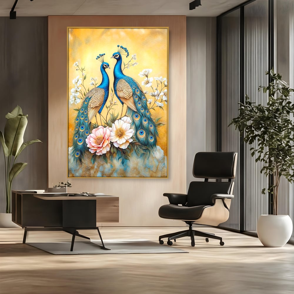 Tablou Canvas Premium, LuxCanva® M1072, Matase Regala, Pereche, Pauni, Pasari, Penaj, Coada, Eleganta, Auriu, Delicatete, Flori, Natura, Birou, Living, Camera Copil