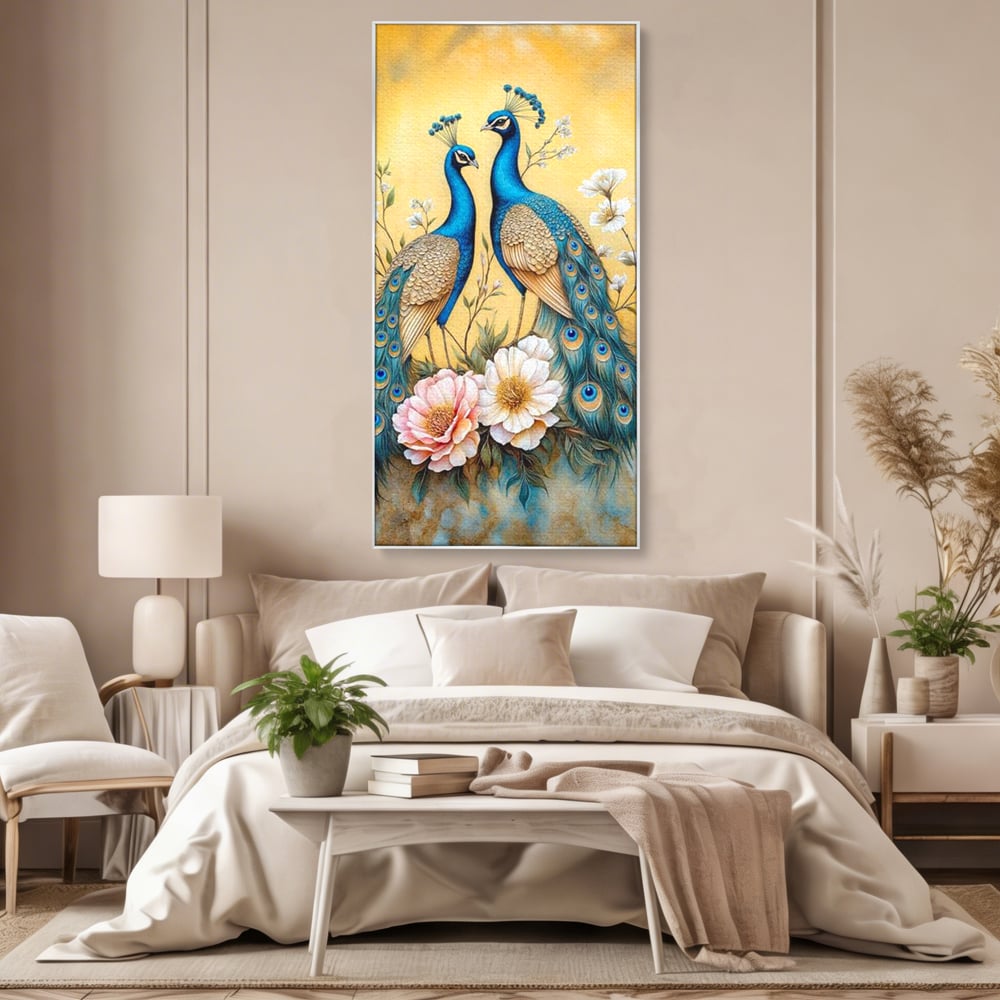 Tablou Canvas Premium, LuxCanva® M1072, Matase Regala, Pereche, Pauni, Pasari, Penaj, Coada, Eleganta, Auriu, Delicatete, Flori, Natura, Birou, Living, Camera Copil