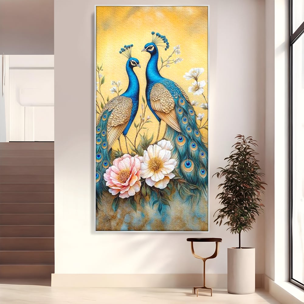 Tablou Canvas Premium, LuxCanva® M1072, Matase Regala, Pereche, Pauni, Pasari, Penaj, Coada, Eleganta, Auriu, Delicatete, Flori, Natura, Birou, Living, Camera Copil