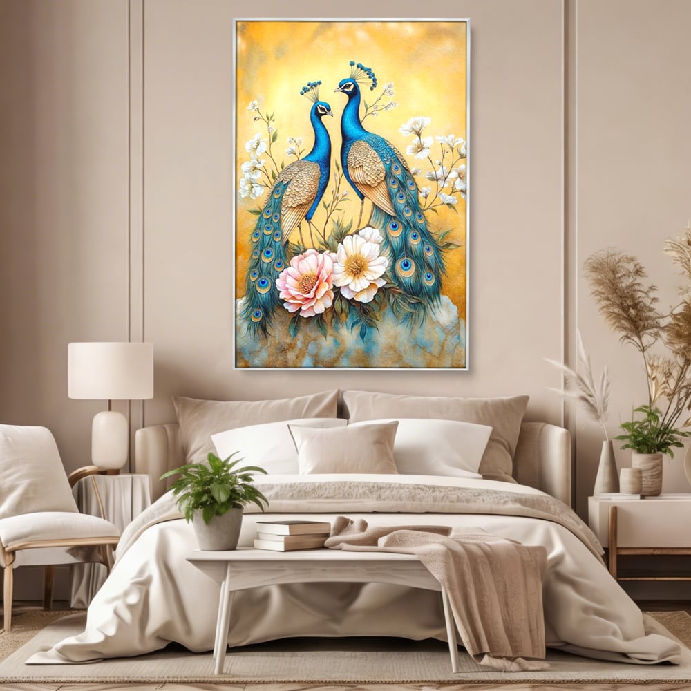 Tablou Canvas Premium, LuxCanva® M1072, Matase Regala, Pereche, Pauni, Pasari, Penaj, Coada, Eleganta, Auriu, Delicatete, Flori, Natura, Birou, Living, Camera Copil