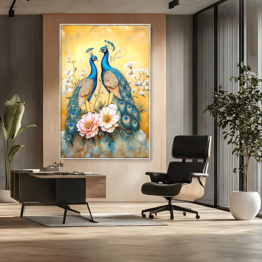 Tablou Canvas Premium, LuxCanva® M1072, Matase Regala, Pereche, Pauni, Pasari, Penaj, Coada, Eleganta, Auriu, Delicatete, Flori, Natura, Birou, Living, Camera Copil
