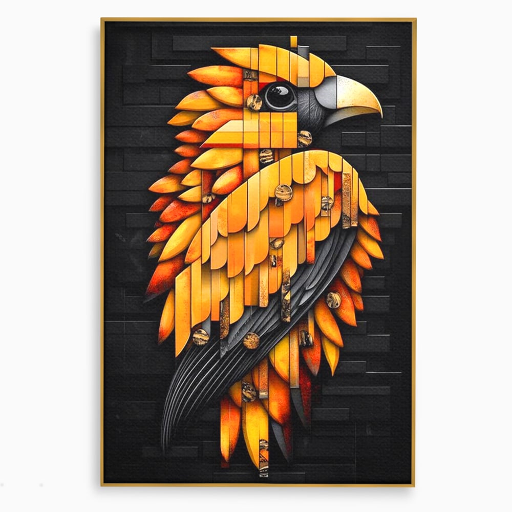 Leinwand Wandkunst Leinwand Premium, LuxCanva® M1073, Feuer Flügel Mechanismus, Vogel, Geometrie, Mechanismus, Urban, Phoenix, Feuer, Metallisch, Abstrakt, Büro, Wohnen, Kinderzimmer