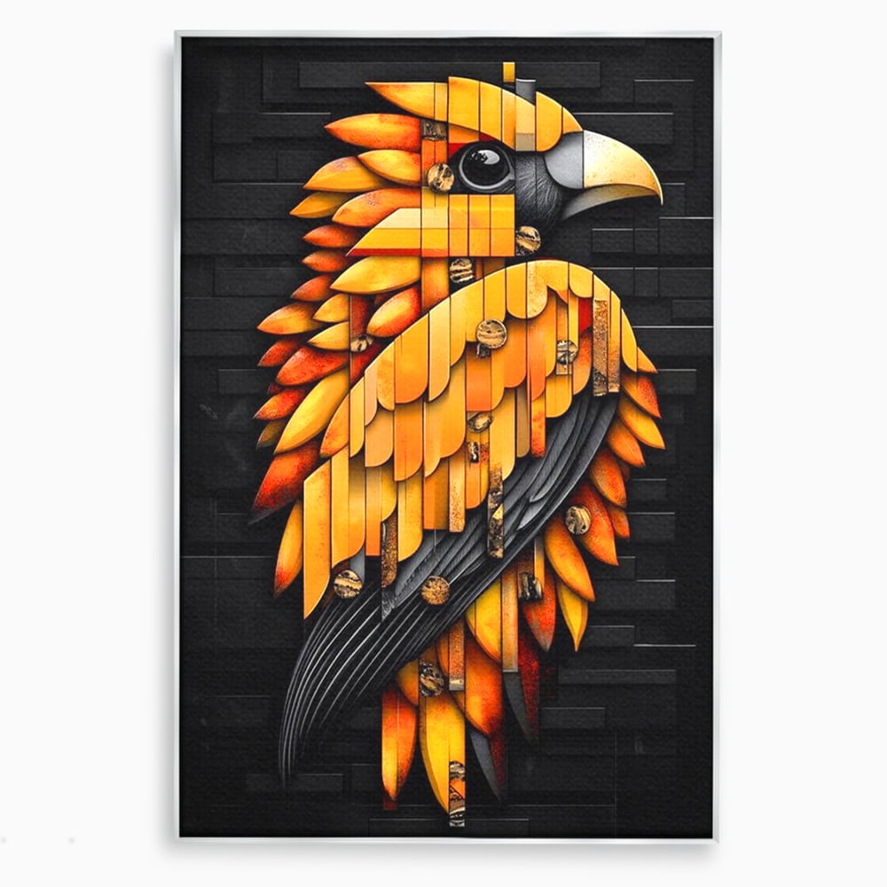 Leinwand Wandkunst Leinwand Premium, LuxCanva® M1073, Feuer Flügel Mechanismus, Vogel, Geometrie, Mechanismus, Urban, Phoenix, Feuer, Metallisch, Abstrakt, Büro, Wohnen, Kinderzimmer