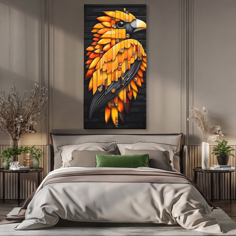 Leinwand Wandkunst Leinwand Premium, LuxCanva® M1073, Feuer Flügel Mechanismus, Vogel, Geometrie, Mechanismus, Urban, Phoenix, Feuer, Metallisch, Abstrakt, Büro, Wohnen, Kinderzimmer