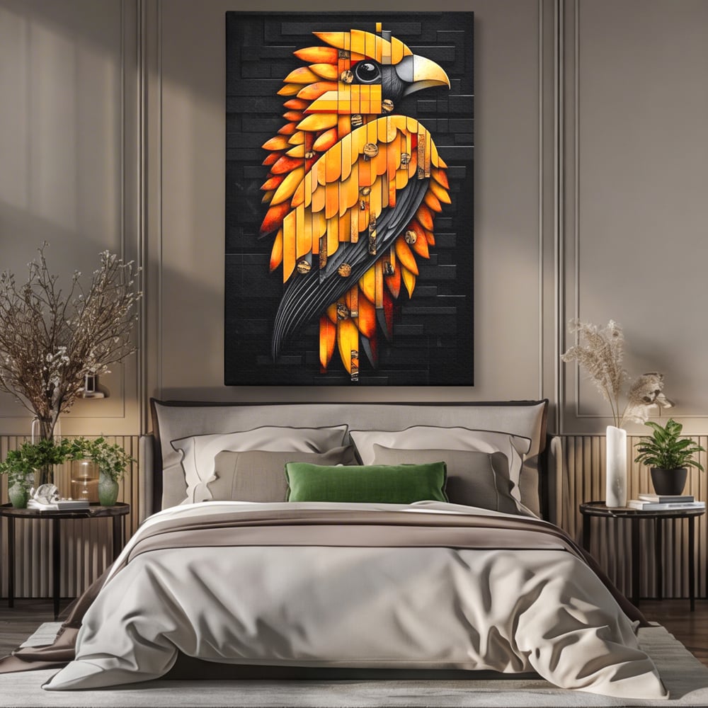 Leinwand Wandkunst Leinwand Premium, LuxCanva® M1073, Feuer Flügel Mechanismus, Vogel, Geometrie, Mechanismus, Urban, Phoenix, Feuer, Metallisch, Abstrakt, Büro, Wohnen, Kinderzimmer