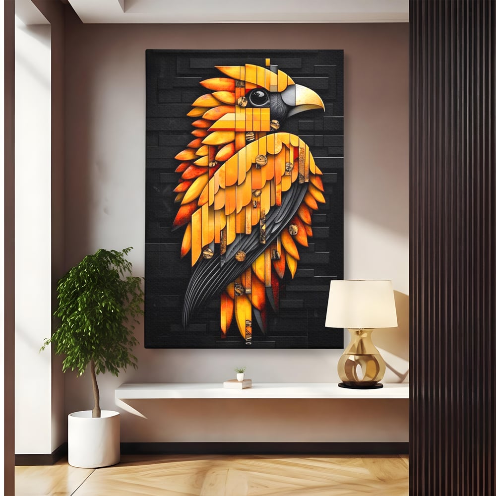 Leinwand Wandkunst Leinwand Premium, LuxCanva® M1073, Feuer Flügel Mechanismus, Vogel, Geometrie, Mechanismus, Urban, Phoenix, Feuer, Metallisch, Abstrakt, Büro, Wohnen, Kinderzimmer