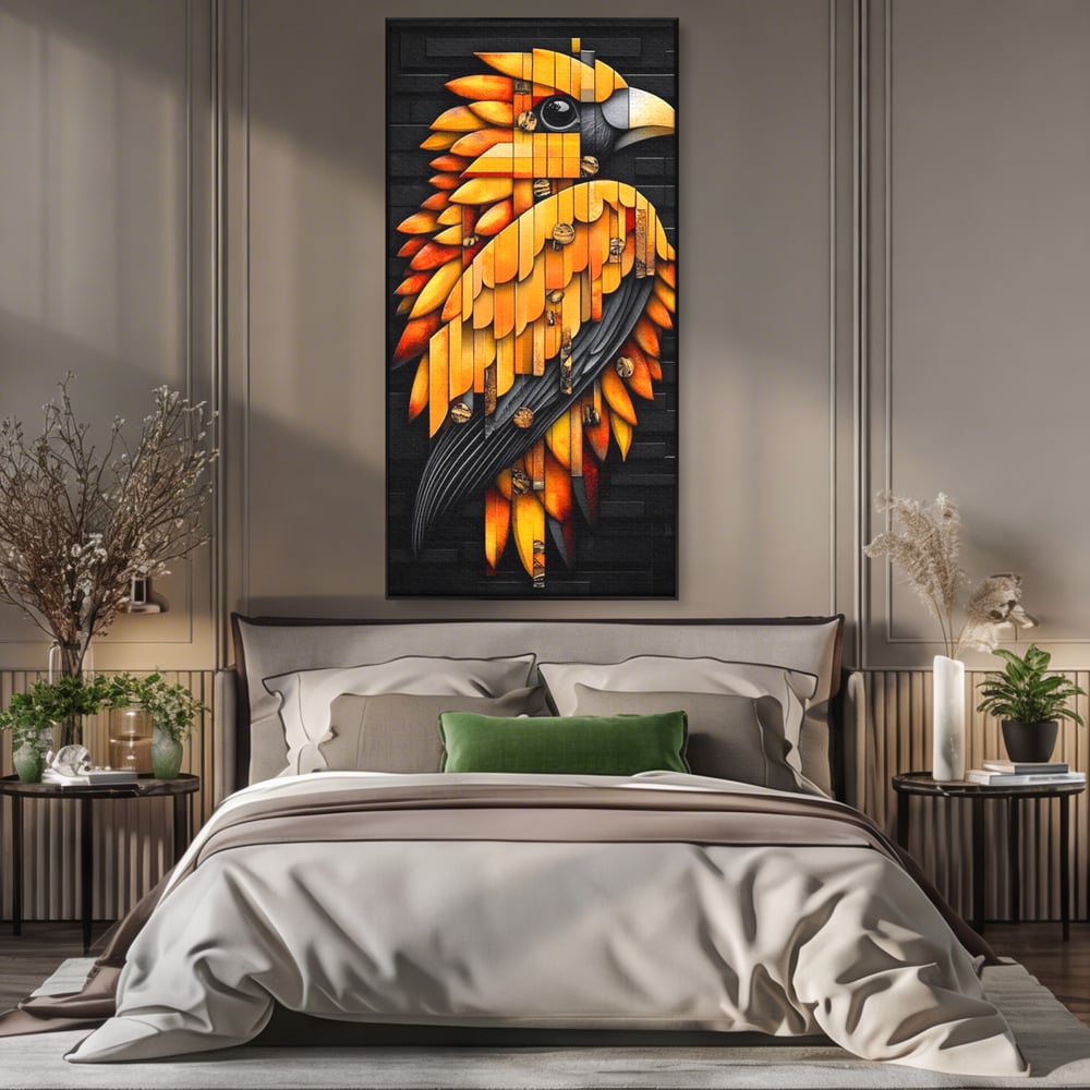 Leinwand Wandkunst Leinwand Premium, LuxCanva® M1073, Feuer Flügel Mechanismus, Vogel, Geometrie, Mechanismus, Urban, Phoenix, Feuer, Metallisch, Abstrakt, Büro, Wohnen, Kinderzimmer