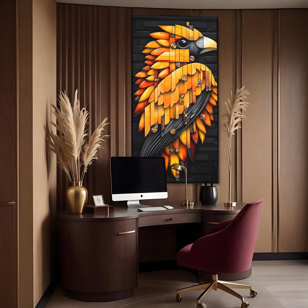 Leinwand Wandkunst Leinwand Premium, LuxCanva® M1073, Feuer Flügel Mechanismus, Vogel, Geometrie, Mechanismus, Urban, Phoenix, Feuer, Metallisch, Abstrakt, Büro, Wohnen, Kinderzimmer