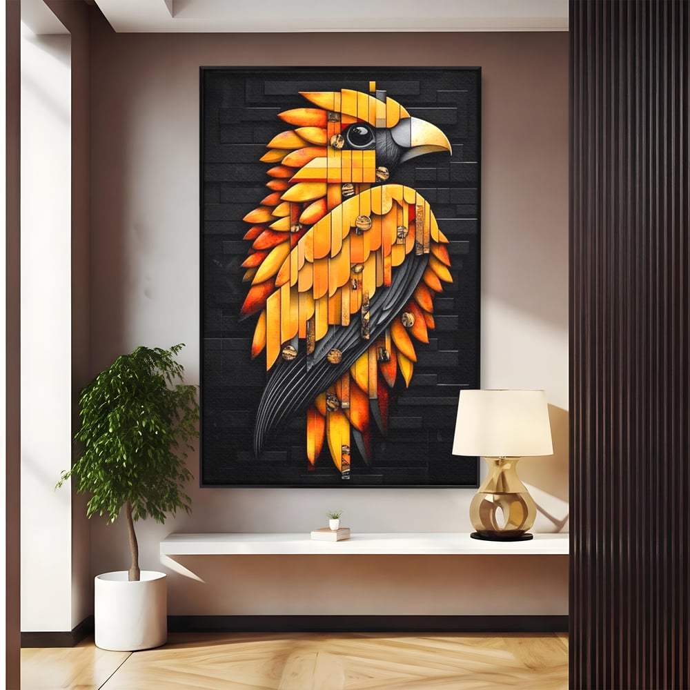 Leinwand Wandkunst Leinwand Premium, LuxCanva® M1073, Feuer Flügel Mechanismus, Vogel, Geometrie, Mechanismus, Urban, Phoenix, Feuer, Metallisch, Abstrakt, Büro, Wohnen, Kinderzimmer