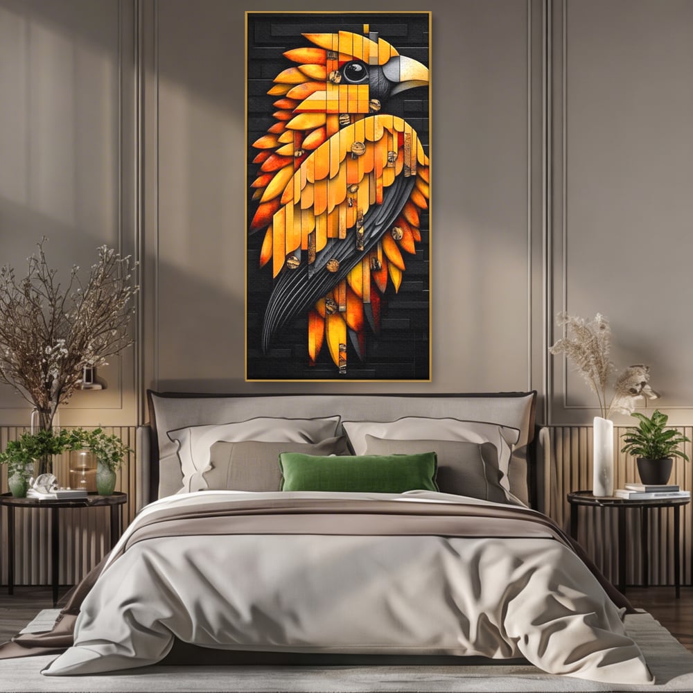 Leinwand Wandkunst Leinwand Premium, LuxCanva® M1073, Feuer Flügel Mechanismus, Vogel, Geometrie, Mechanismus, Urban, Phoenix, Feuer, Metallisch, Abstrakt, Büro, Wohnen, Kinderzimmer