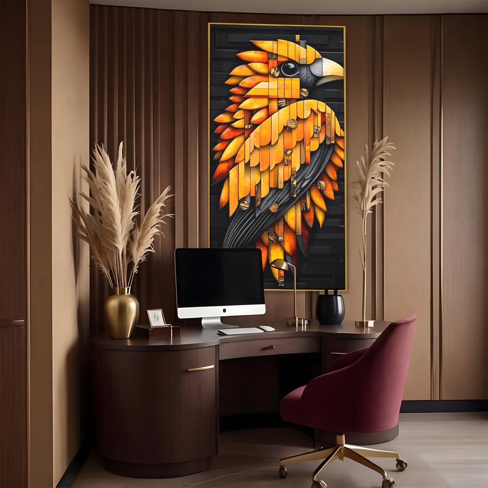 Leinwand Wandkunst Leinwand Premium, LuxCanva® M1073, Feuer Flügel Mechanismus, Vogel, Geometrie, Mechanismus, Urban, Phoenix, Feuer, Metallisch, Abstrakt, Büro, Wohnen, Kinderzimmer