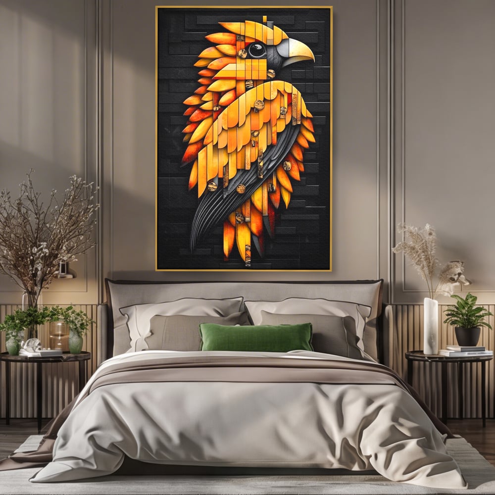 Leinwand Wandkunst Leinwand Premium, LuxCanva® M1073, Feuer Flügel Mechanismus, Vogel, Geometrie, Mechanismus, Urban, Phoenix, Feuer, Metallisch, Abstrakt, Büro, Wohnen, Kinderzimmer