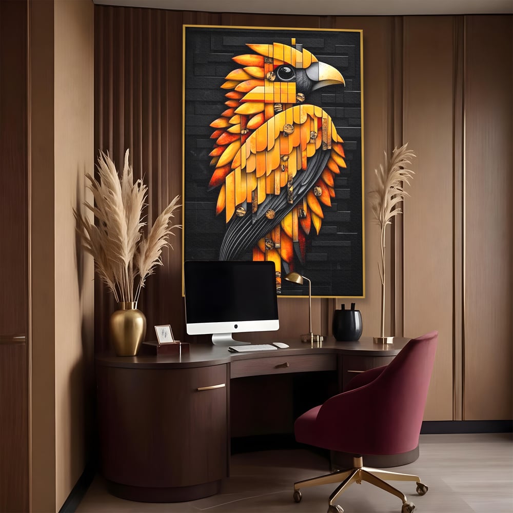 Leinwand Wandkunst Leinwand Premium, LuxCanva® M1073, Feuer Flügel Mechanismus, Vogel, Geometrie, Mechanismus, Urban, Phoenix, Feuer, Metallisch, Abstrakt, Büro, Wohnen, Kinderzimmer