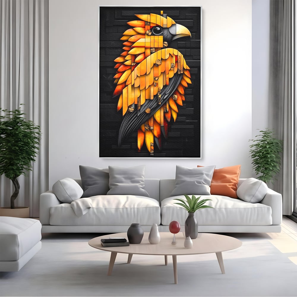 Leinwand Wandkunst Leinwand Premium, LuxCanva® M1073, Feuer Flügel Mechanismus, Vogel, Geometrie, Mechanismus, Urban, Phoenix, Feuer, Metallisch, Abstrakt, Büro, Wohnen, Kinderzimmer