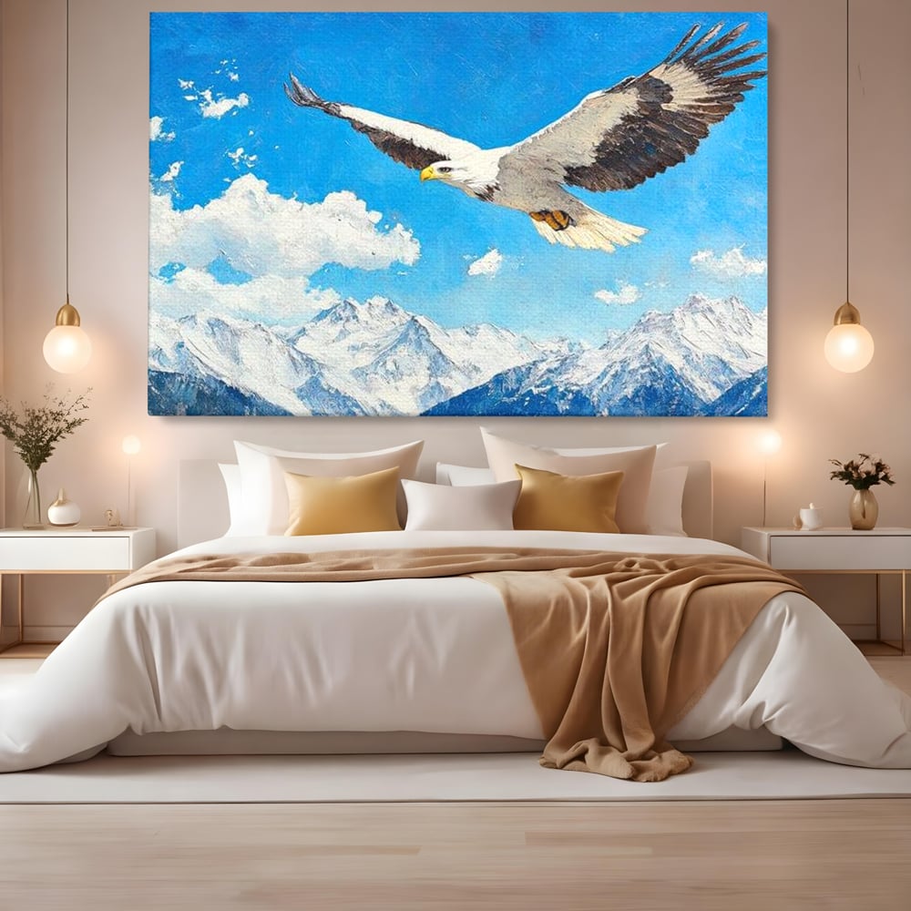 Tablou Canvas Premium, LuxCanva® M1074, Singur printre Alpi, Pasare, Vultur, Aripi, Zbor, Inaltime, Munti, Piscuri, Nori, Zapada, Gheata, Orizont, Libertate, Birou, Living, Camera Copil