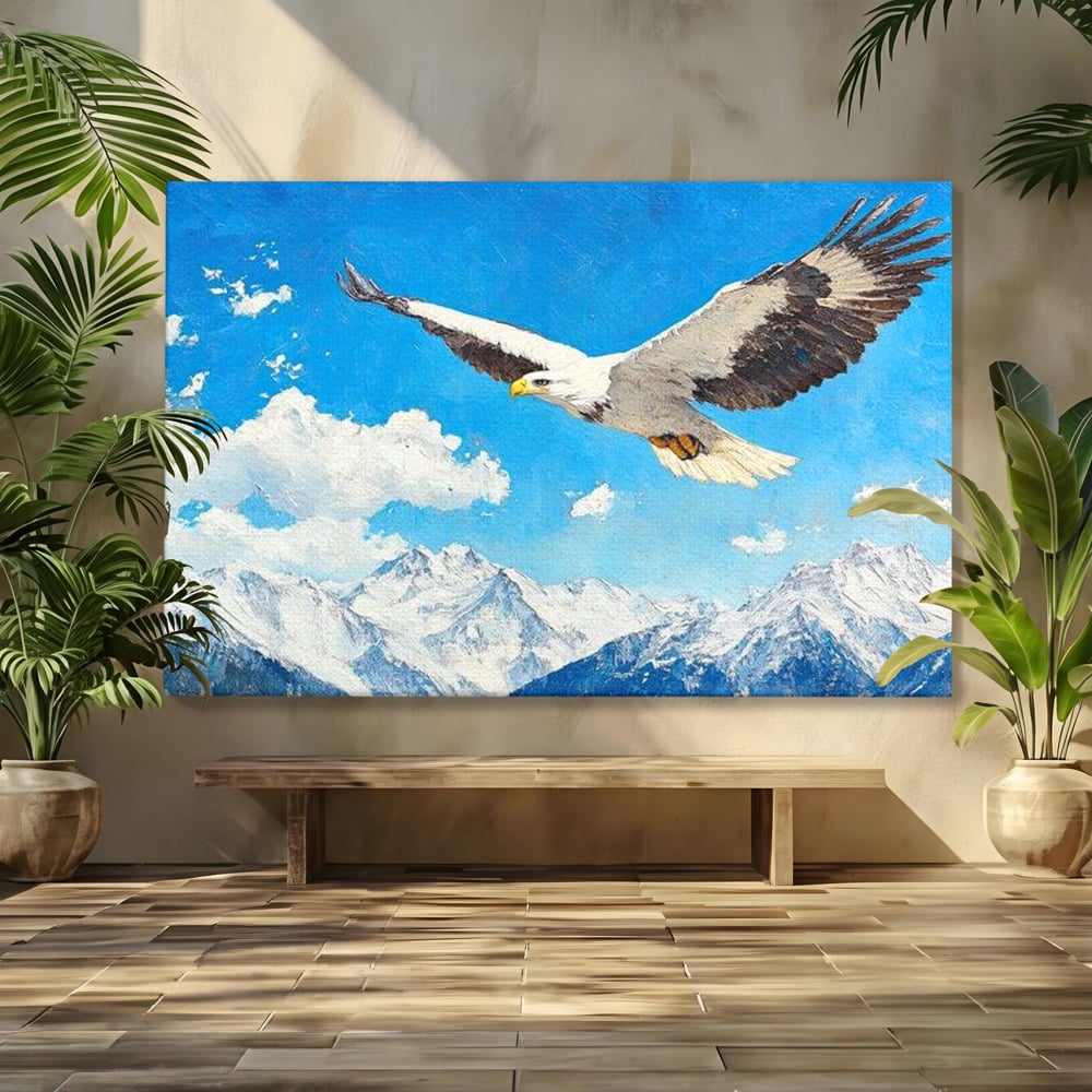 Tablou Canvas Premium, LuxCanva® M1074, Singur printre Alpi, Pasare, Vultur, Aripi, Zbor, Inaltime, Munti, Piscuri, Nori, Zapada, Gheata, Orizont, Libertate, Birou, Living, Camera Copil