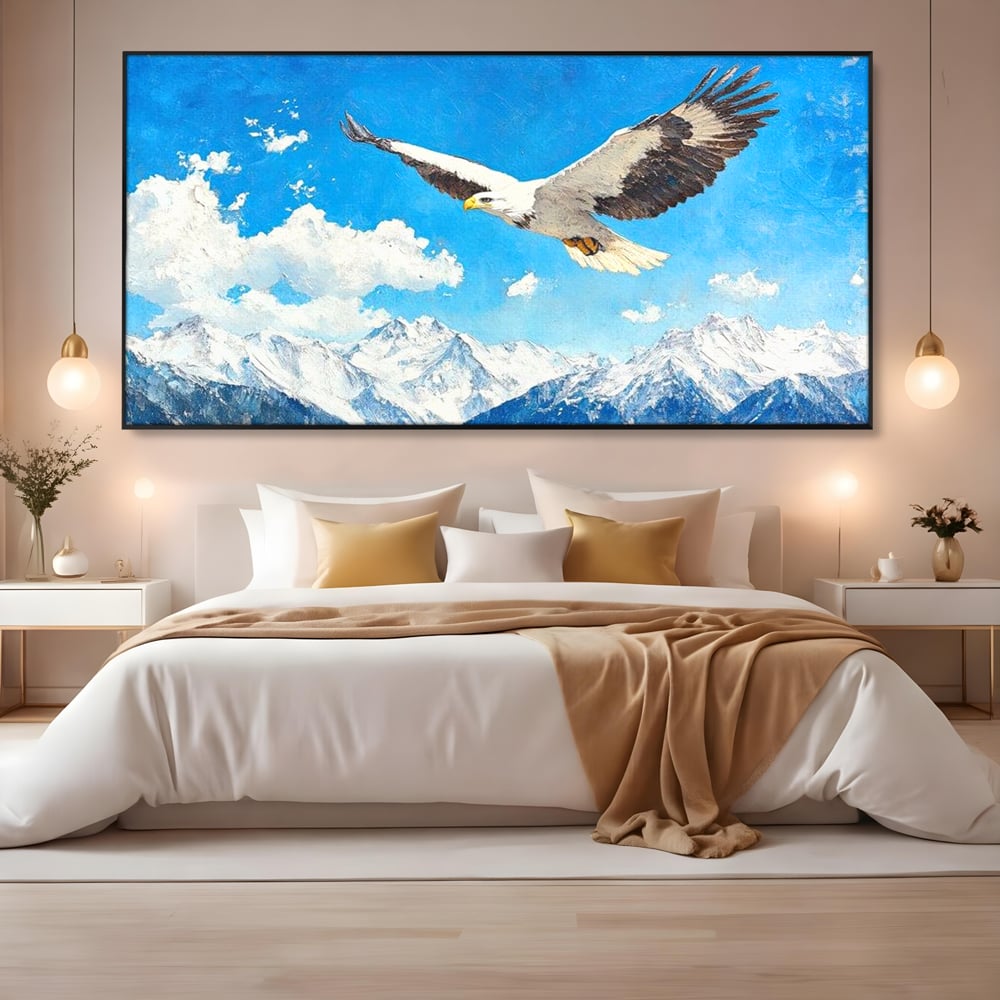 Tablou Canvas Premium, LuxCanva® M1074, Singur printre Alpi, Pasare, Vultur, Aripi, Zbor, Inaltime, Munti, Piscuri, Nori, Zapada, Gheata, Orizont, Libertate, Birou, Living, Camera Copil