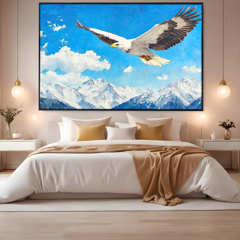 Tablou Canvas Premium, LuxCanva® M1074, Singur printre Alpi, Pasare, Vultur, Aripi, Zbor, Inaltime, Munti, Piscuri, Nori, Zapada, Gheata, Orizont, Libertate, Birou, Living, Camera Copil