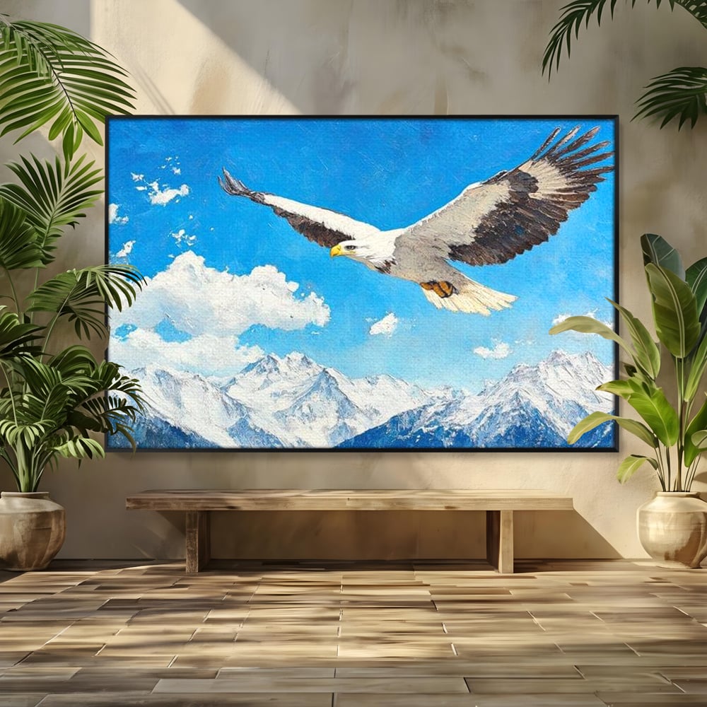 Tablou Canvas Premium, LuxCanva® M1074, Singur printre Alpi, Pasare, Vultur, Aripi, Zbor, Inaltime, Munti, Piscuri, Nori, Zapada, Gheata, Orizont, Libertate, Birou, Living, Camera Copil