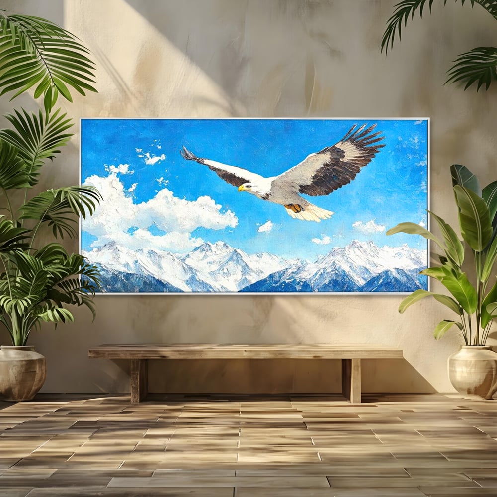 Tablou Canvas Premium, LuxCanva® M1074, Singur printre Alpi, Pasare, Vultur, Aripi, Zbor, Inaltime, Munti, Piscuri, Nori, Zapada, Gheata, Orizont, Libertate, Birou, Living, Camera Copil