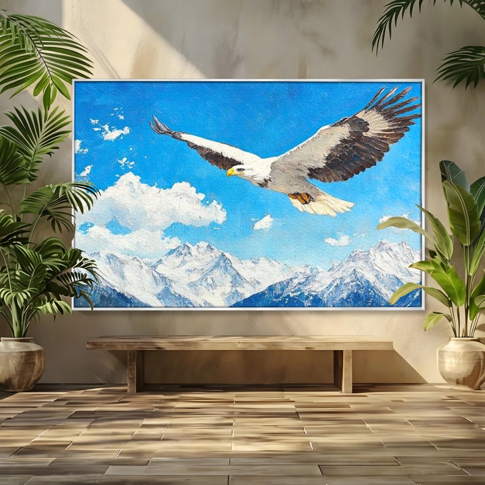 Tablou Canvas Premium, LuxCanva® M1074, Singur printre Alpi, Pasare, Vultur, Aripi, Zbor, Inaltime, Munti, Piscuri, Nori, Zapada, Gheata, Orizont, Libertate, Birou, Living, Camera Copil
