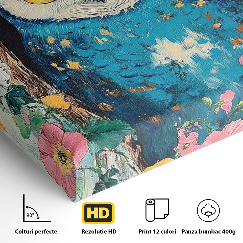 Tablou Canvas Premium, LuxCanva® M1075, Taina din Lemn Pictat, Padure, Flori, Natura, Pictura, Textura, Portret, Intelepciune, Bufnita, Scorbura, Pasare, Birou, Living, Camera Copil