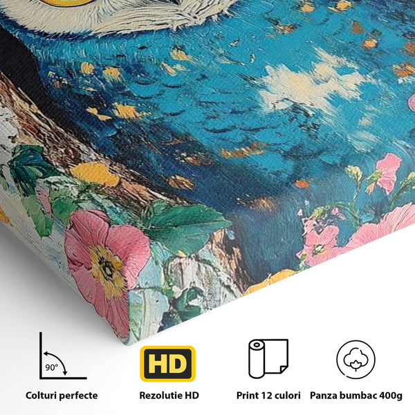 Tablou Canvas Premium, LuxCanva® M1075, Taina din Lemn Pictat, Padure, Flori, Natura, Pictura, Textura, Portret, Intelepciune, Bufnita, Scorbura, Pasare, Birou, Living, Camera Copil