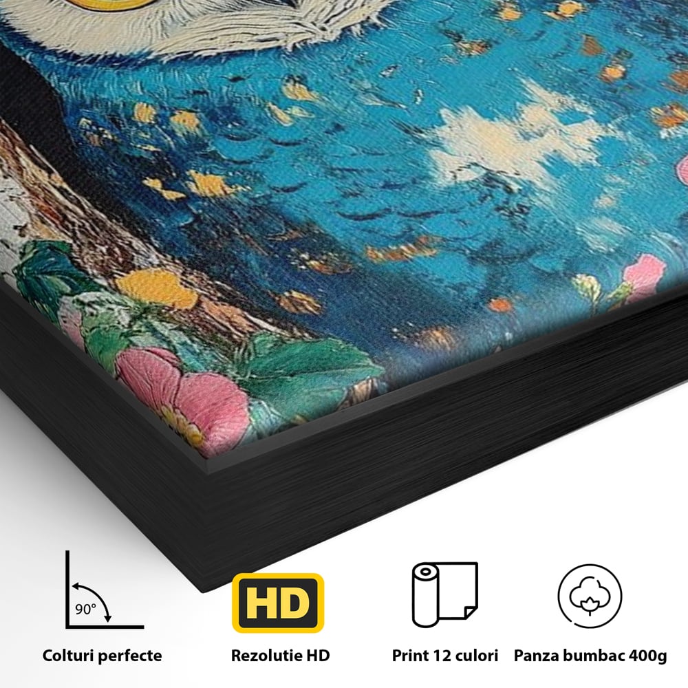 Tablou Canvas Premium, LuxCanva® M1075, Taina din Lemn Pictat, Padure, Flori, Natura, Pictura, Textura, Portret, Intelepciune, Bufnita, Scorbura, Pasare, Birou, Living, Camera Copil
