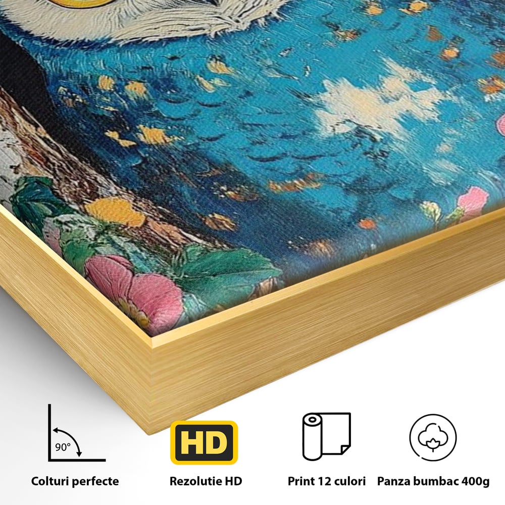Tablou Canvas Premium, LuxCanva® M1075, Taina din Lemn Pictat, Padure, Flori, Natura, Pictura, Textura, Portret, Intelepciune, Bufnita, Scorbura, Pasare, Birou, Living, Camera Copil