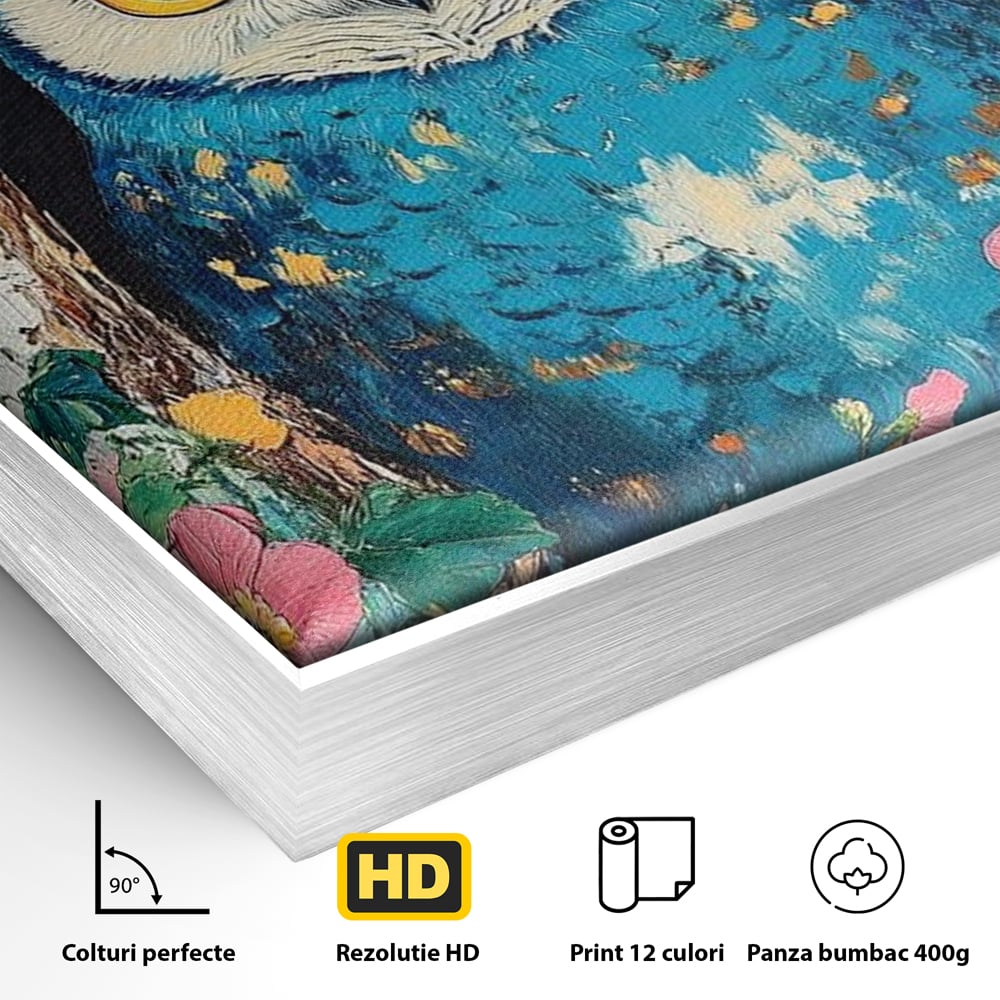 Tablou Canvas Premium, LuxCanva® M1075, Taina din Lemn Pictat, Padure, Flori, Natura, Pictura, Textura, Portret, Intelepciune, Bufnita, Scorbura, Pasare, Birou, Living, Camera Copil