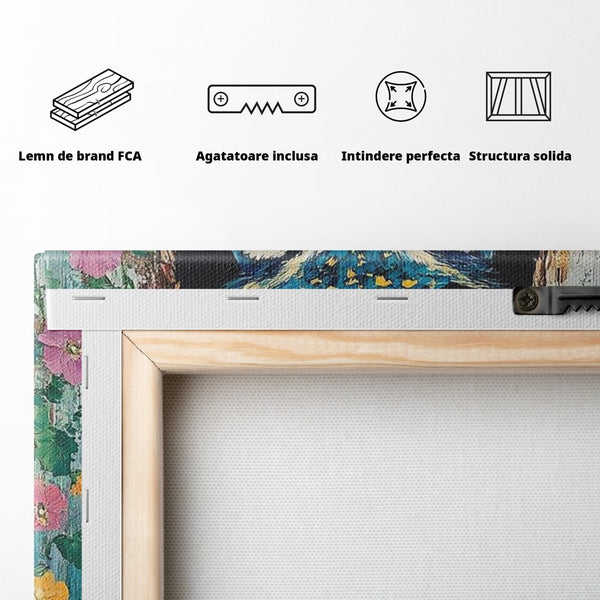 Tablou Canvas Premium, LuxCanva® M1075, Taina din Lemn Pictat, Padure, Flori, Natura, Pictura, Textura, Portret, Intelepciune, Bufnita, Scorbura, Pasare, Birou, Living, Camera Copil