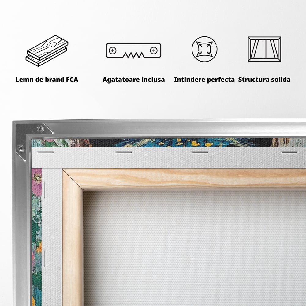 Tablou Canvas Premium, LuxCanva® M1075, Taina din Lemn Pictat, Padure, Flori, Natura, Pictura, Textura, Portret, Intelepciune, Bufnita, Scorbura, Pasare, Birou, Living, Camera Copil