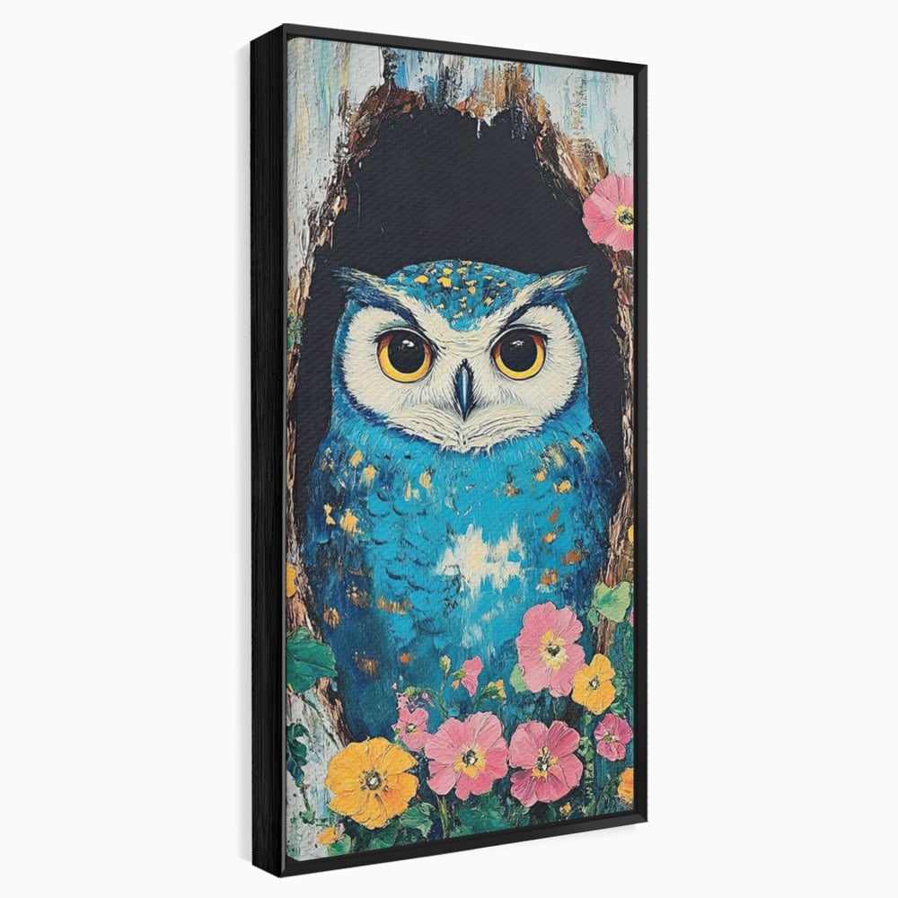 Tablou Canvas Premium, LuxCanva® M1075, Taina din Lemn Pictat, Padure, Flori, Natura, Pictura, Textura, Portret, Intelepciune, Bufnita, Scorbura, Pasare, Birou, Living, Camera Copil